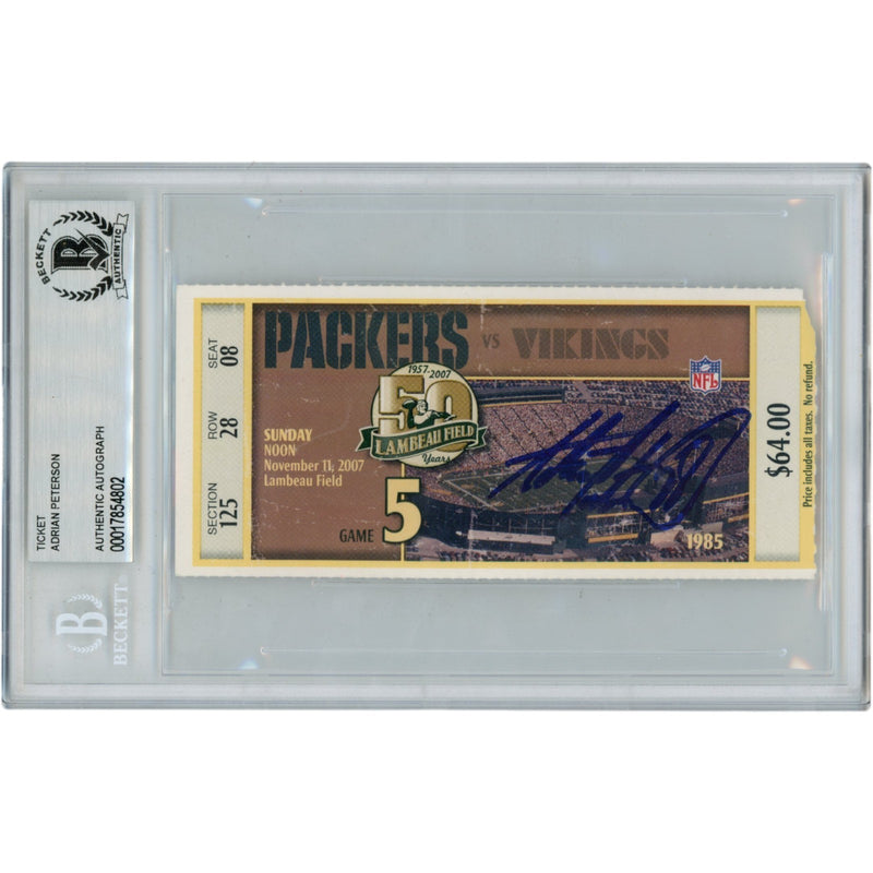 Adrian Peterson Autographed 11/11/07 ROY Inscribed Slabbed Ticket Stub
