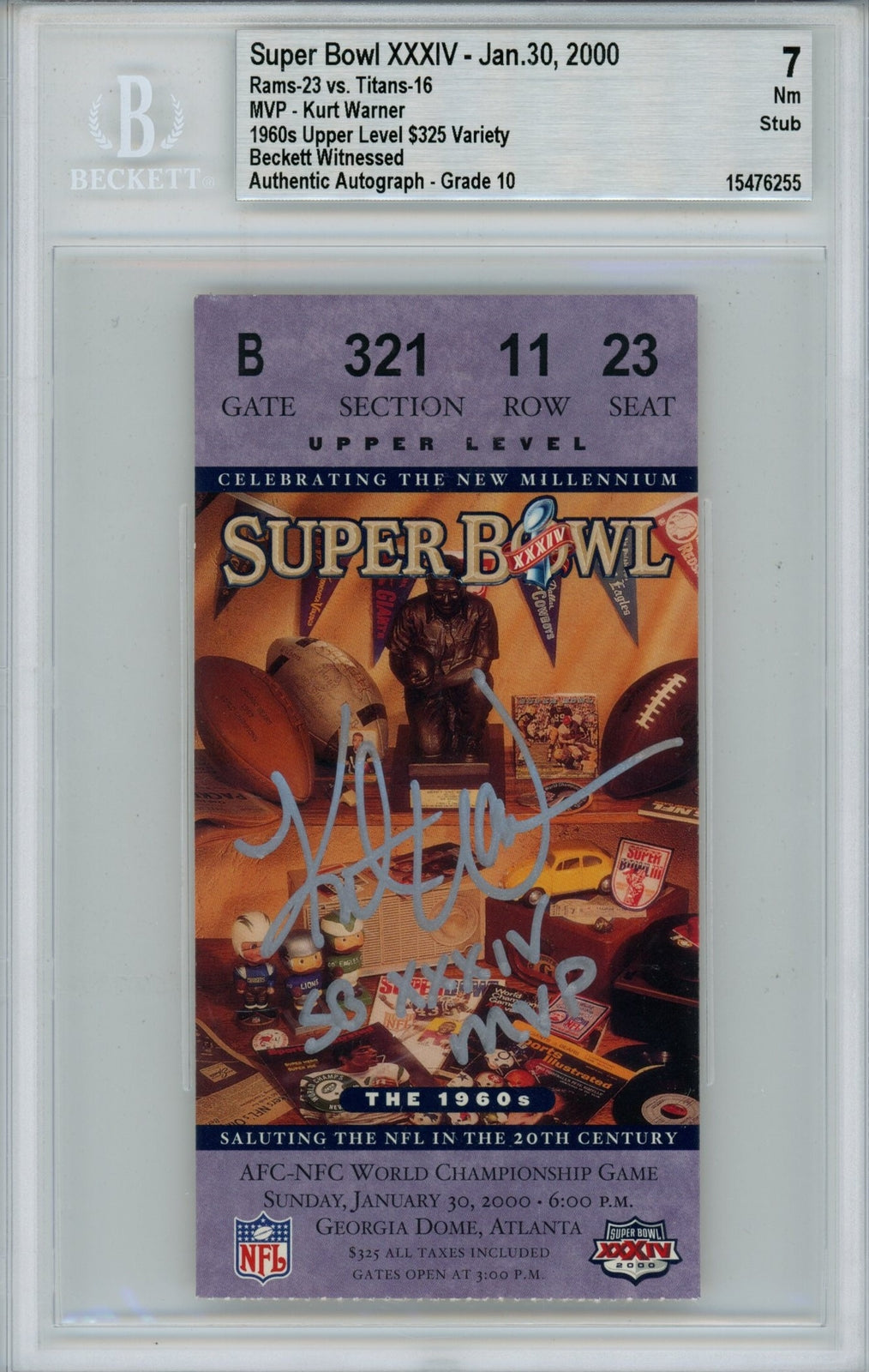 Kurt Warner Signed St. Louis Rams Super Bowl XXXIV MVP Ticket Stub - Beckett 7