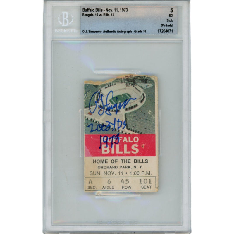 OJ Simpson Signed Buffalo Bills 11/11/73 Ticket Stub (2003 Yds) Beckett
