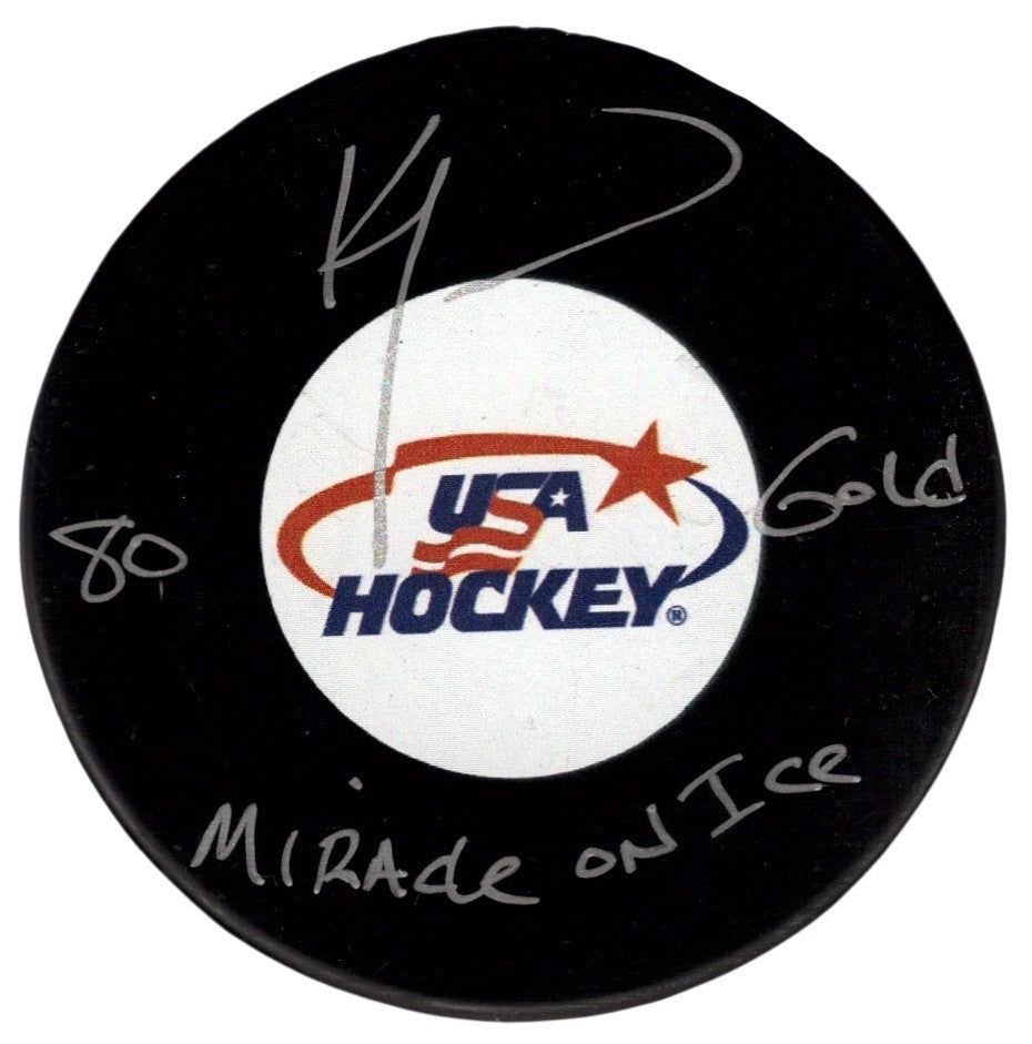 Ken Morrow Signed USA Hockey Puck Miracle on Ice '80 Gold Beckett BAS