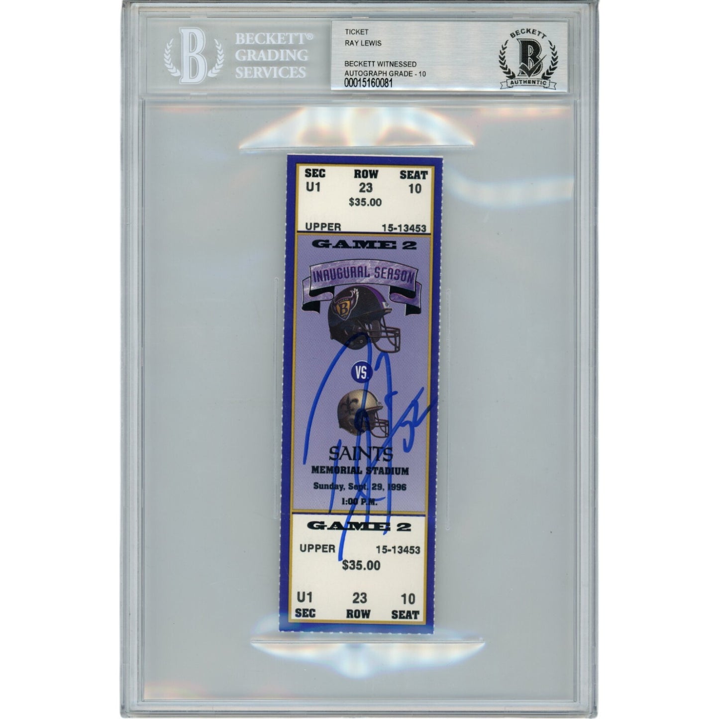 Ray Lewis Autographed Baltimore Ravens 09/29/96 Full Ticket Stub BAS