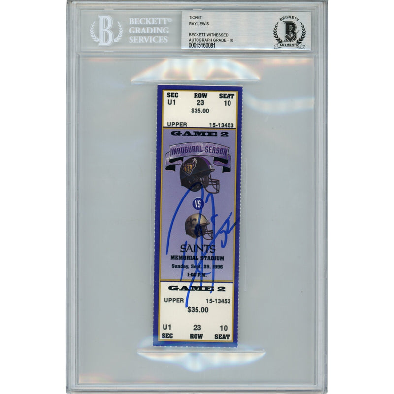 Ray Lewis Autographed Baltimore Ravens 09/29/96 Full Ticket Stub BAS