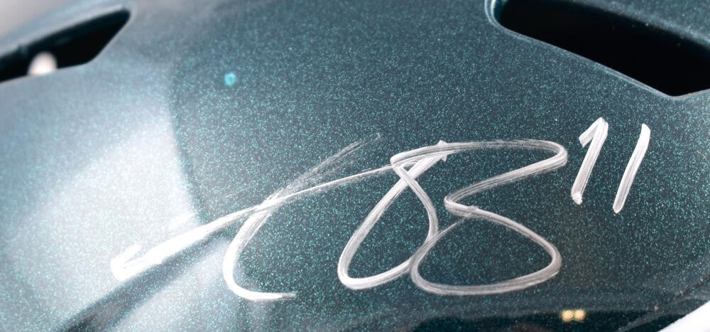A.J. Brown Autographed Philadelphia Eagles Silver Speed Replica Helmet