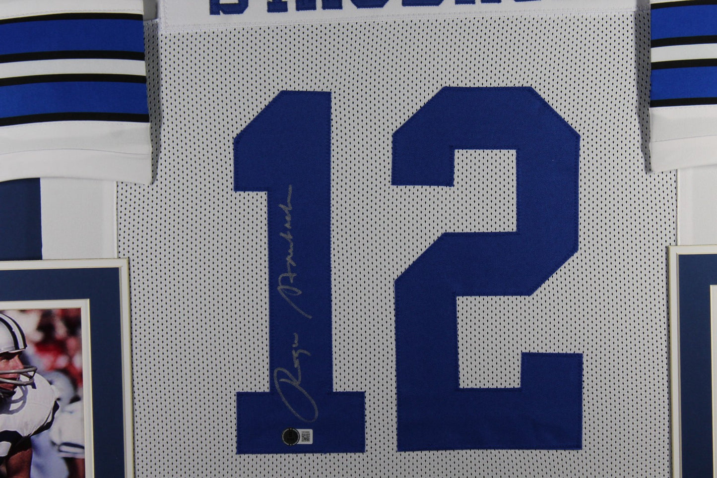 Roger Staubach Autographed Framed Pro Style Football Jersey (Beckett)