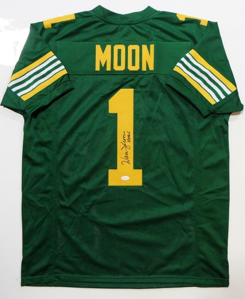 Warren Moon Autographed Green Custom Football Jersey with HOF Inscription