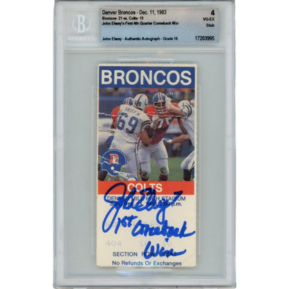 John Elway Signed Denver Broncos Inscribed Ticket Stub (1st Comeback Win)