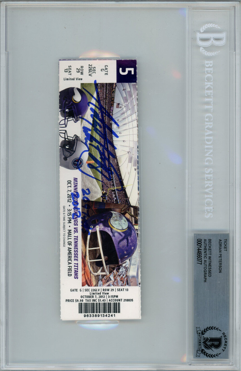 Adrian Peterson Signed 10/7/2012 Ticket Stub 2097 Yds Inscription BAS Slab