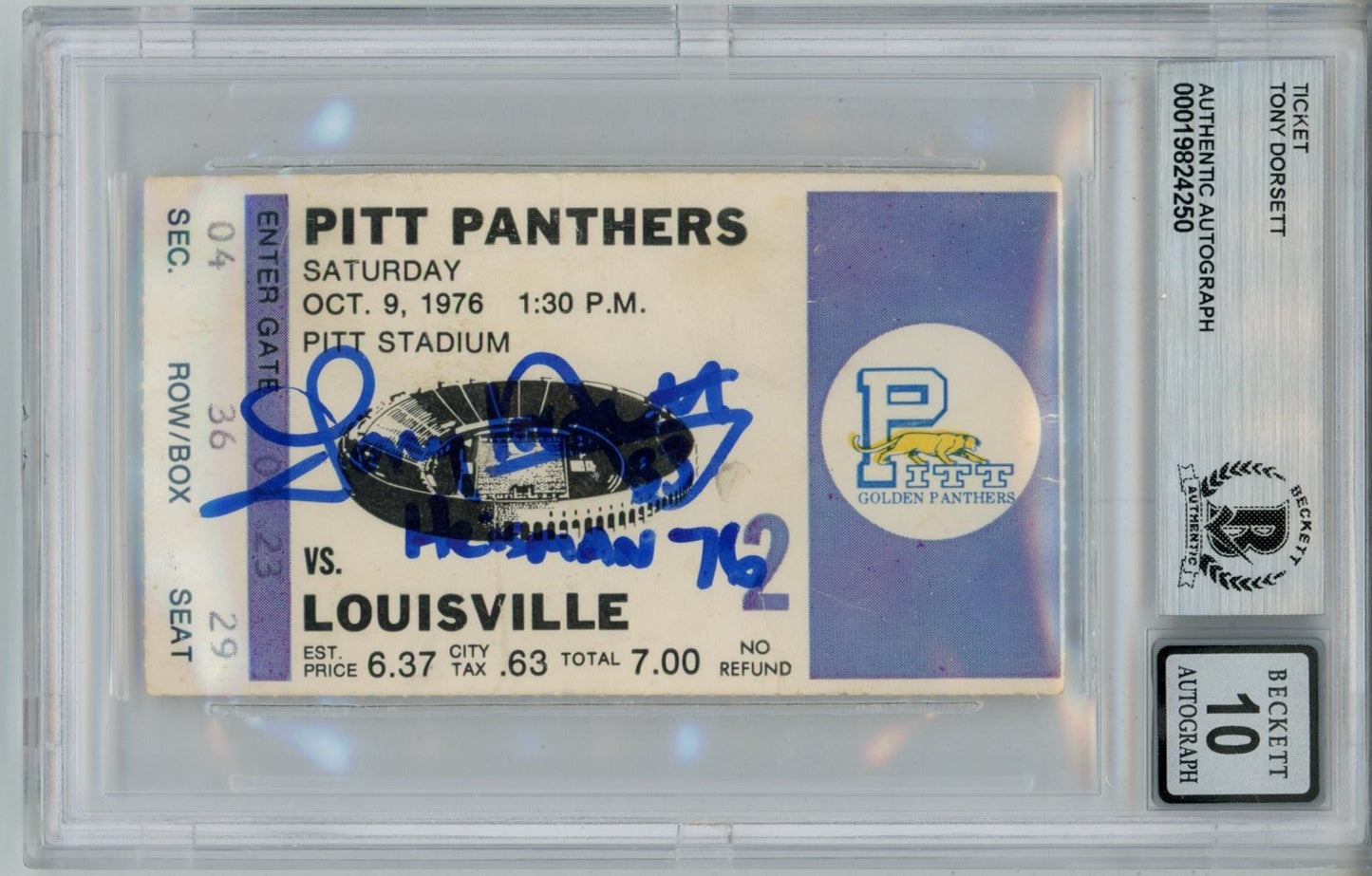 Tony Dorsett Signed Pittsburgh Panthers 1976 Ticket - Heisman Inscription
