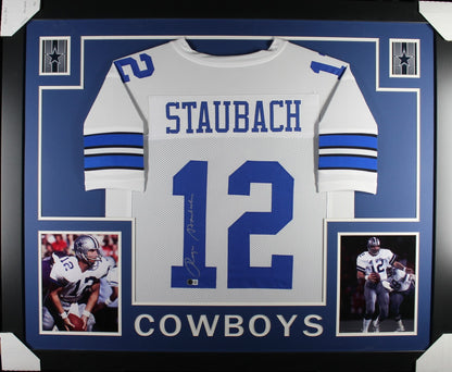 Roger Staubach Autographed Framed Pro Style Football Jersey (Beckett)