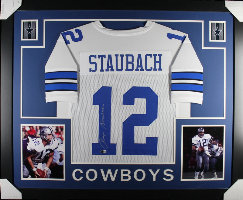 Roger Staubach Autographed Framed Pro Style Football Jersey (Beckett)