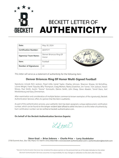 John Elway, Frank Tripucka & Ring of Honor Signed Broncos Logo Football