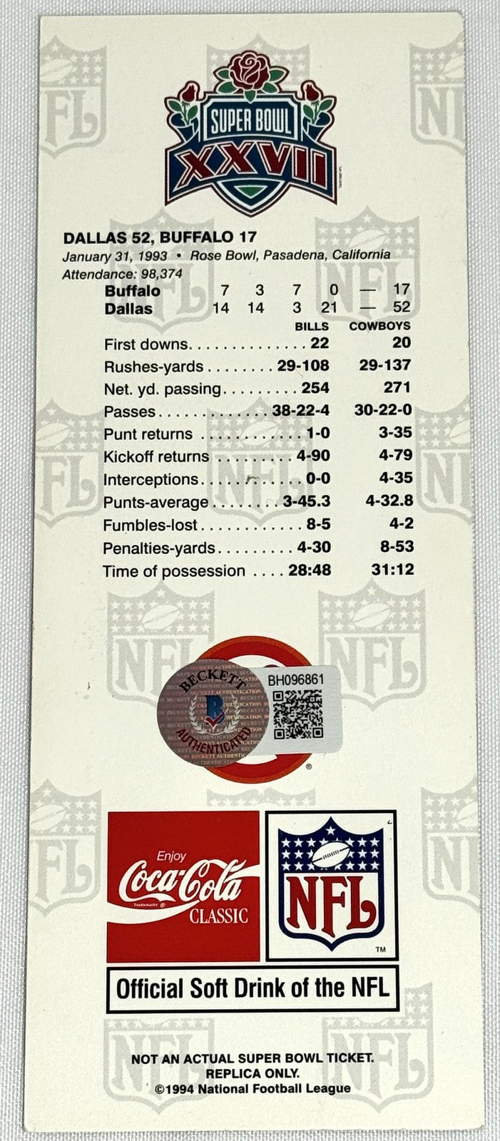 Jimmy Johnson Autographed Dallas Cowboys Replica Super Bowl XXVII Ticket