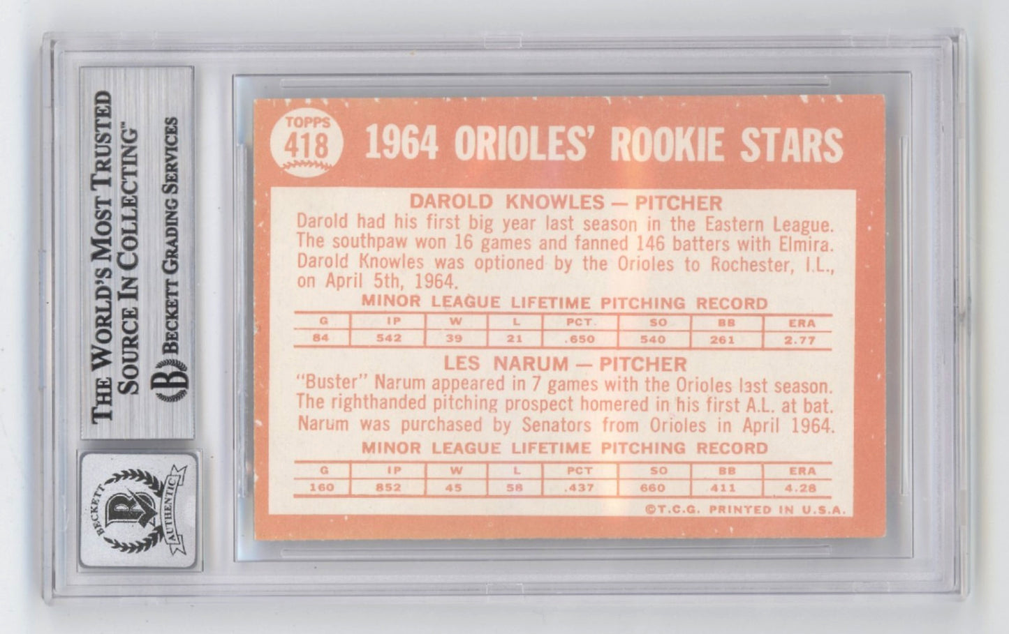 Darold Knowles Signed 1964 Topps #418 Rookie Card BGS 10 Auto