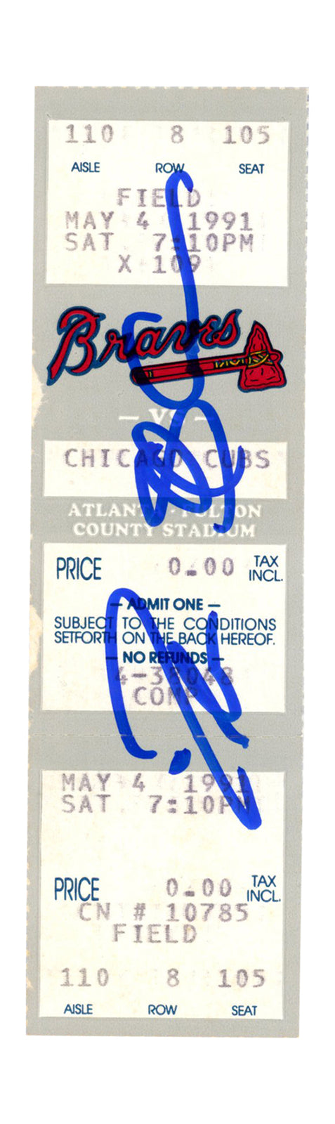 Deion Sanders Signed Atlanta Braves vs Cubs 5/4/1991 Full Ticket Beckett