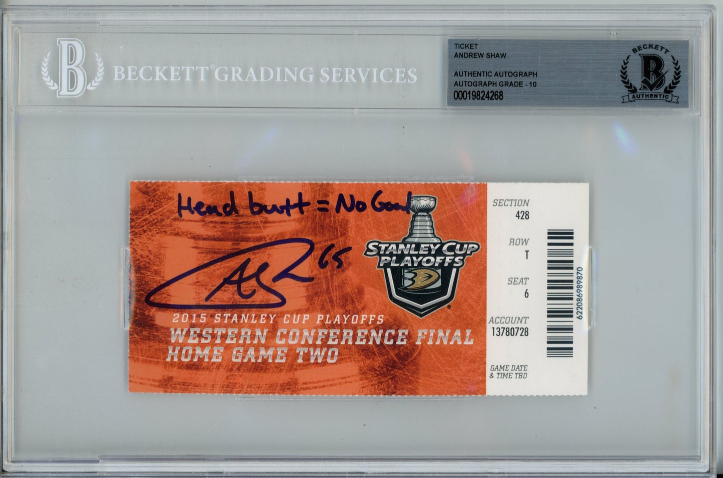 Andrew Shaw Signed Chicago Blackhawks 2015 WCF Head Butt Inscribed Ticket