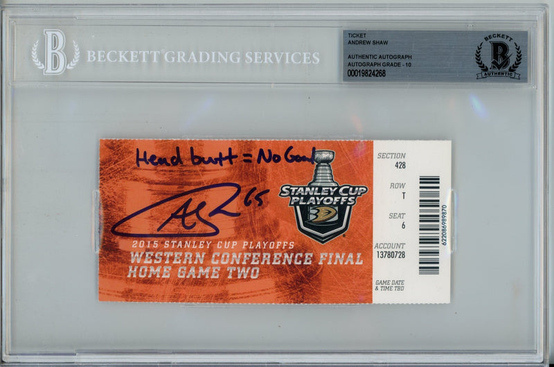 Andrew Shaw Signed Chicago Blackhawks 2015 WCF Head Butt Inscribed Ticket