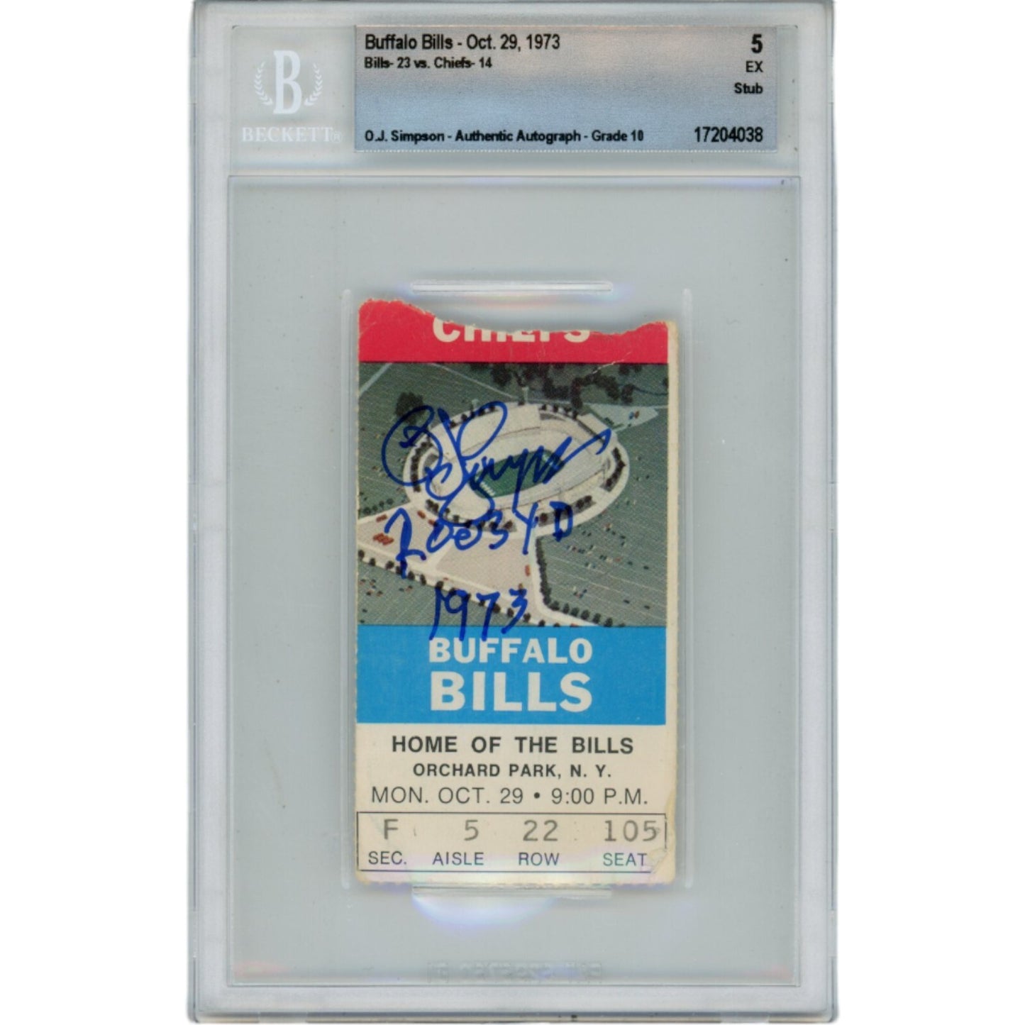 OJ Simpson Signed Buffalo Bills 10/29/73 Ticket Stub (2003 Yds)