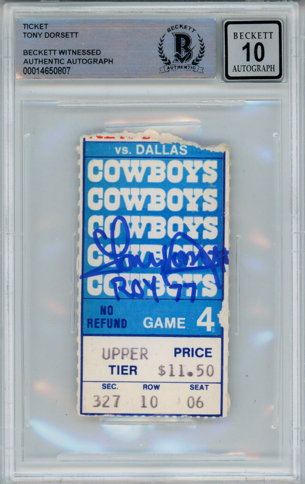 Tony Dorsett Autographed 1977 Cowboys vs Giants Ticket Stub Beckett 10