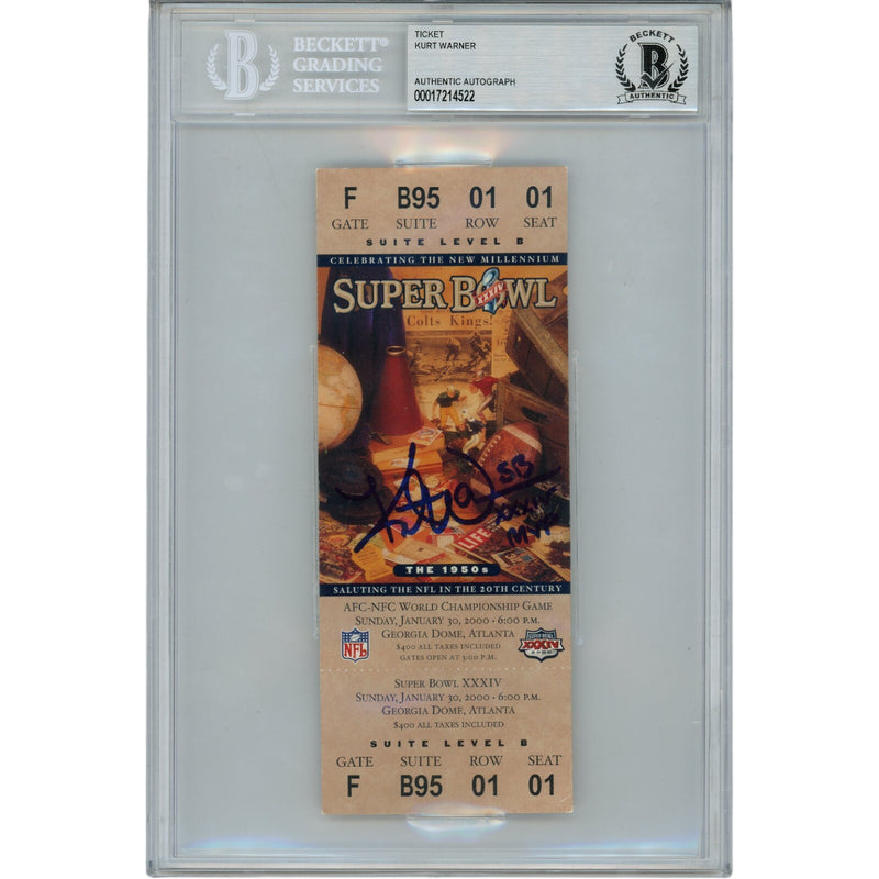 Kurt Warner Autographed Super Bowl XXXIV MVP Slabbed Ticket Stub