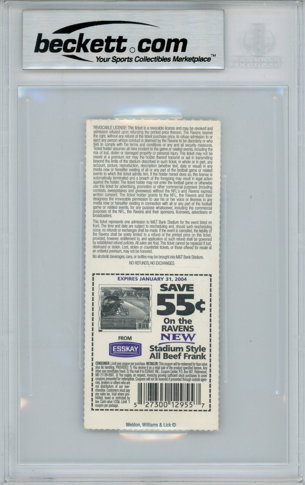 Ray Lewis Signed Baltimore Ravens 11/2/03 Ticket Stub - BAS Slabbed