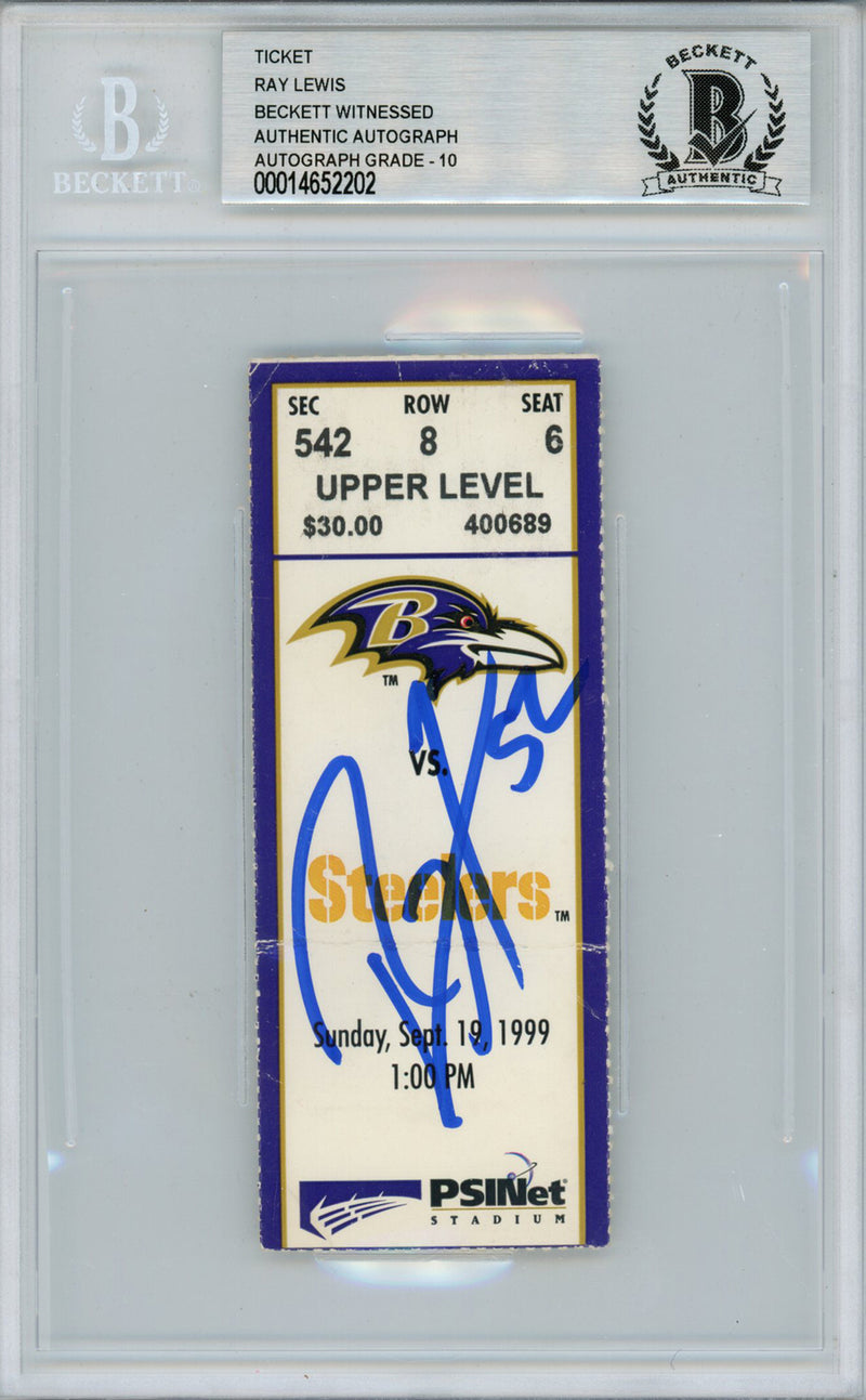 Ray Lewis Baltimore Ravens Signed 9/19/1999 vs Steelers Ticket Beckett Slabbed