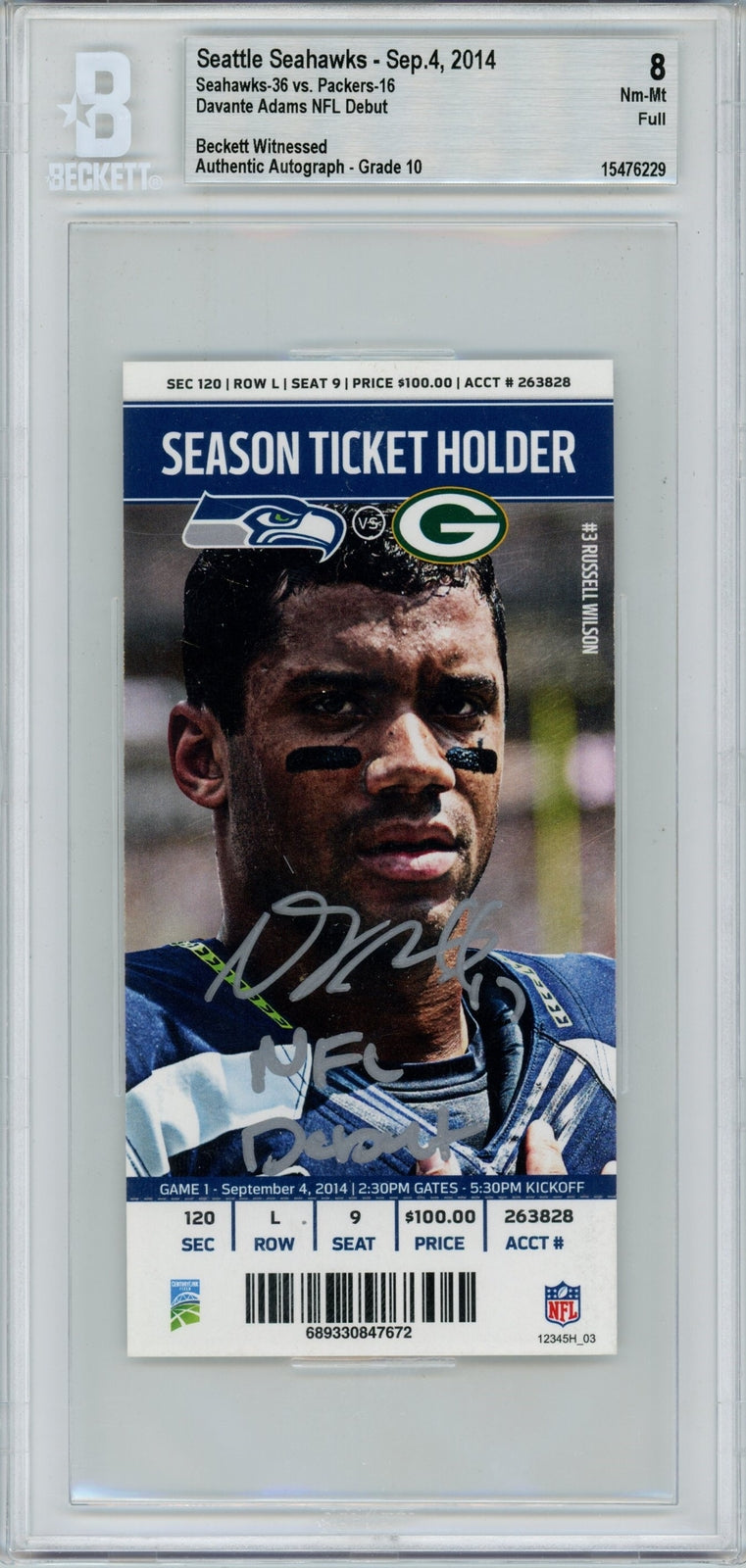 Davante Adams Signed Green Bay Packers NFL Debut Ticket Stub - BAS Grade 8