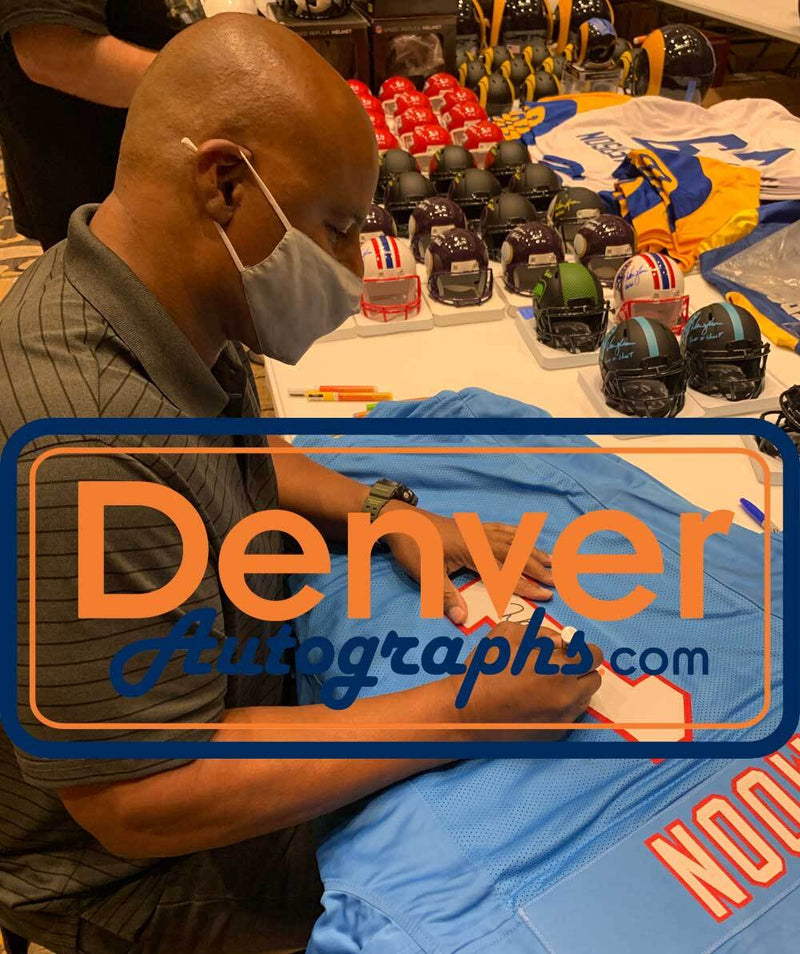 Warren Moon Autographed Houston Oilers Style Blue Jersey (HOF Inscription)