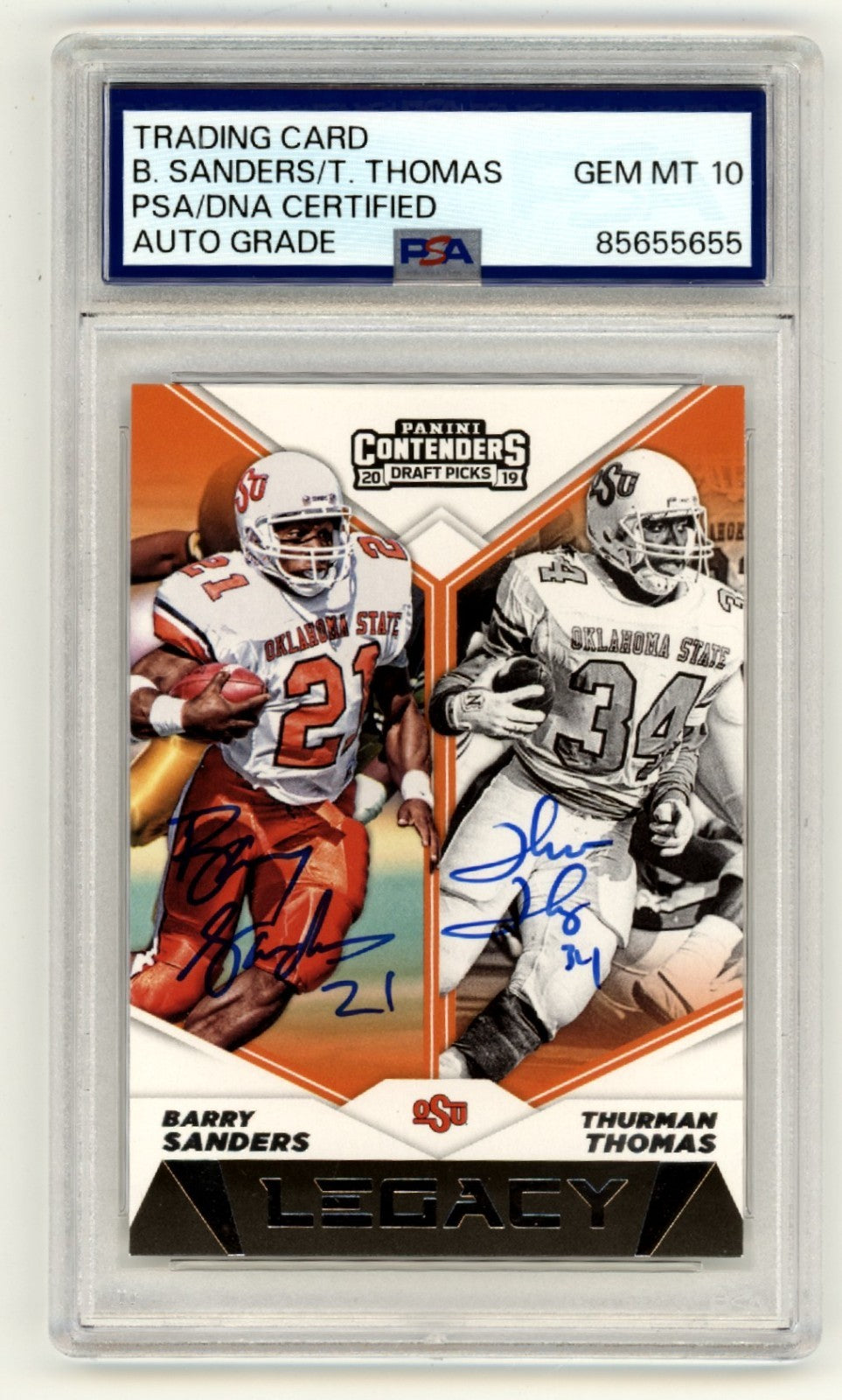 Barry Sanders & Thurman Thomas Signed 2019 Panini Contenders Legacy PSA 10 Auto