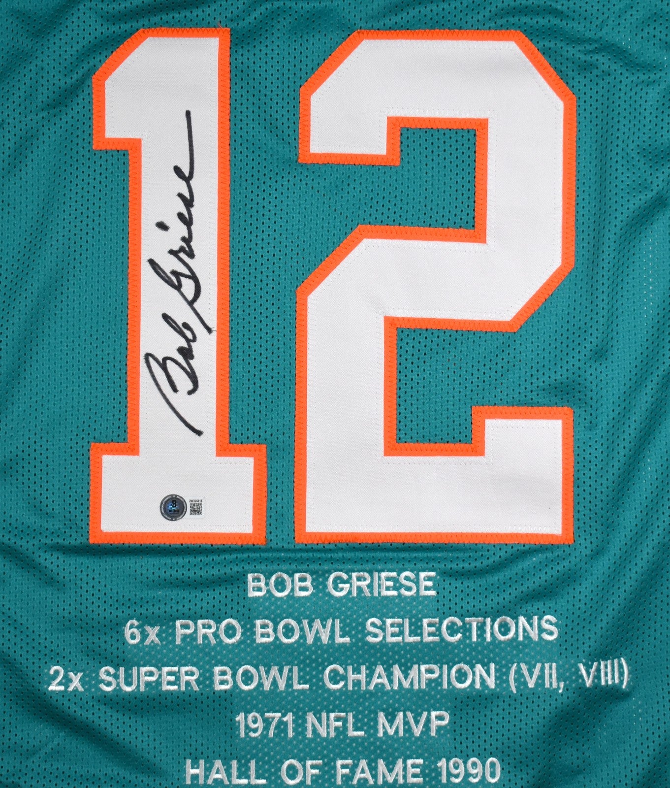 Bob Griese Autographed Miami Dolphins Teal Custom Stat Jersey