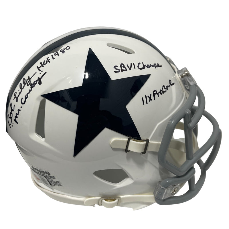 Bob Lilly Signed Dallas Cowboys Throwback Mini Helmet 4 Inscriptions BAS