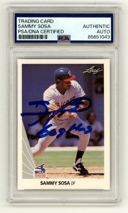 Sammy Sosa Signed 1990 Leaf Rookie Card #220 w/ "609 HRS" Insc. PSA