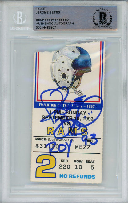 Jerome Bettis Signed 9/19/1993 Ticket Stub ROY Inscription Beckett Slab