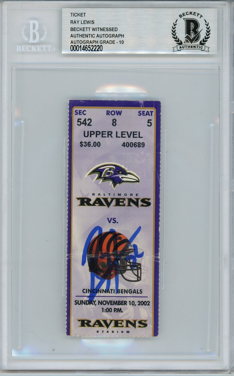 Ray Lewis Signed Ticket Baltimore Ravens 11/10/02 vs Bengals BAS Slab