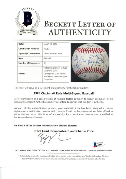 Cincinnati Reds 1984 Team Signed Multi-Signature NL Baseball Beckett LOA