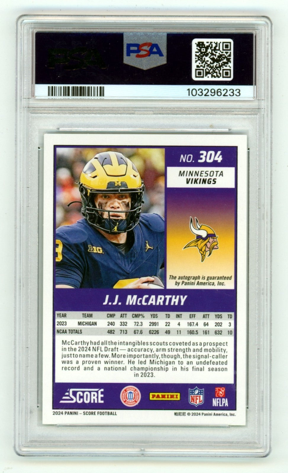 J.J. McCarthy Autographed 2024 Score End Zone Rookie Card PSA 9 - 1/6