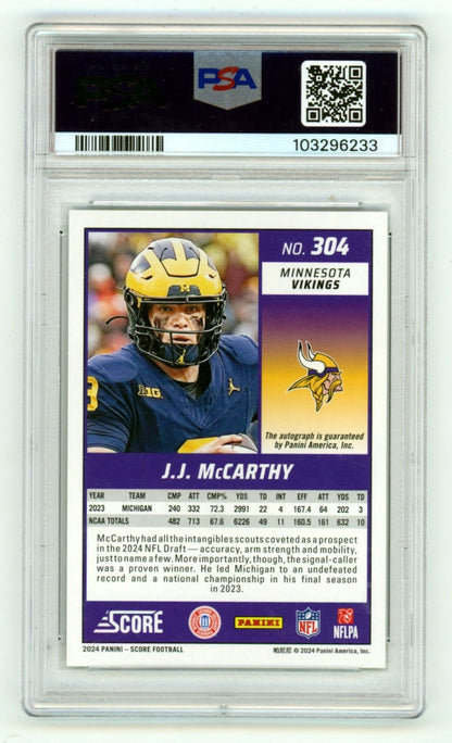 J.J. McCarthy Autographed 2024 Score End Zone Rookie Card PSA 9 - 1/6