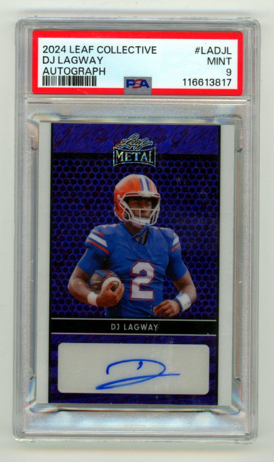 DJ Lagway Signed 2024 Leaf Metal Collective Purple Shimmer Rookie Card /7 PSA 9