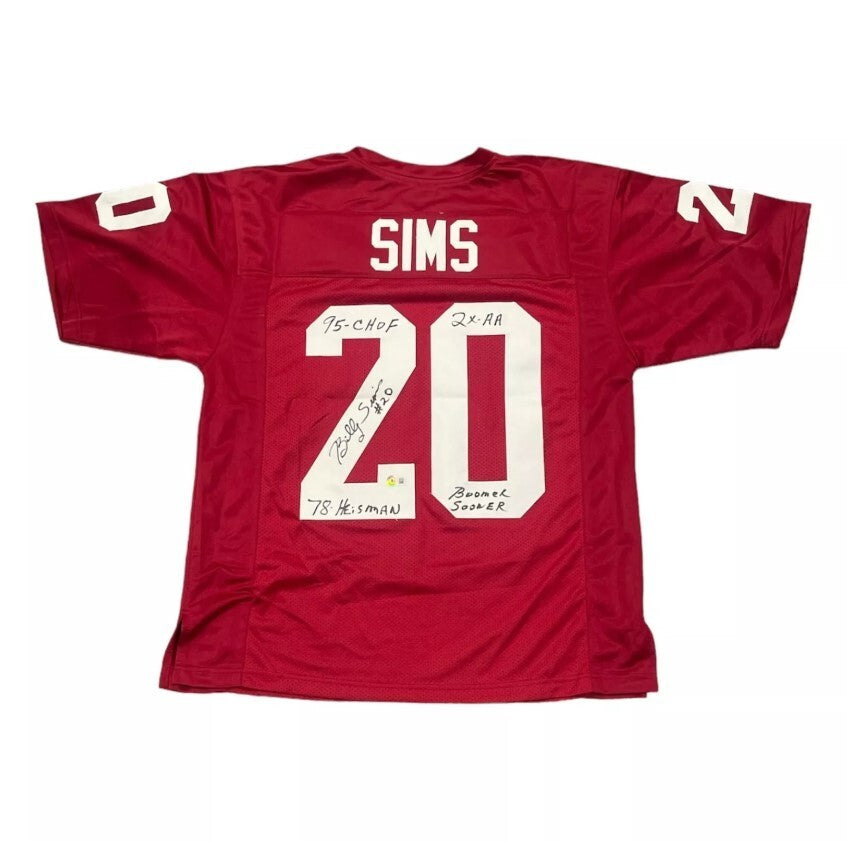 Billy Sims Autographed Oklahoma Custom Jersey (Heisman + 3 Inscriptions)