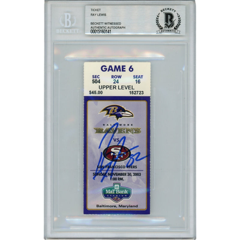 Ray Lewis Signed Baltimore Ravens 11/30/03 Ticket Stub Beckett Slabbed