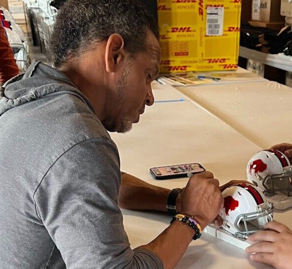 Jim Kelly, Andre Reed & Thurman Thomas Signed Bills Throwback Mini Helmet