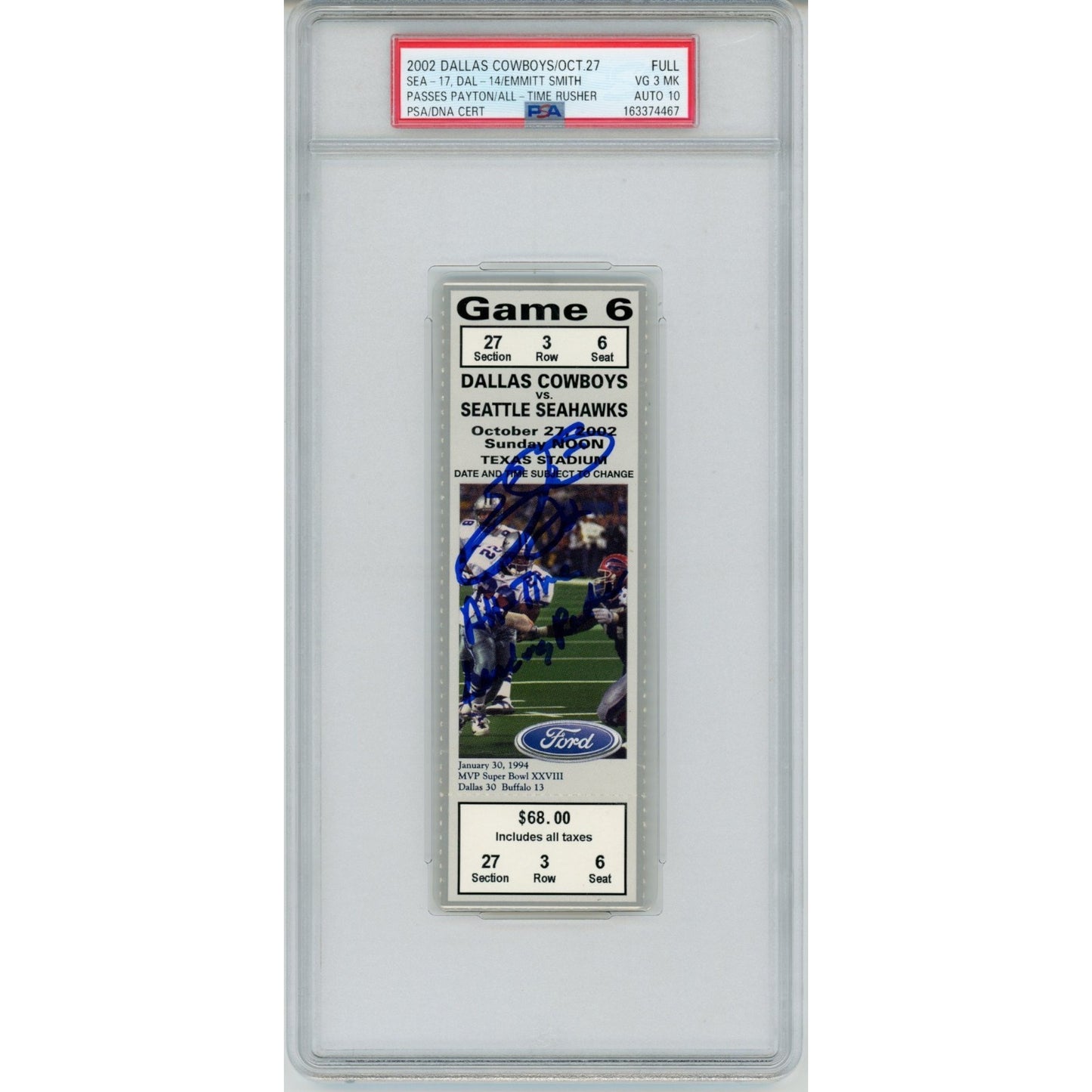 Emmitt Smith Autographed Dallas Cowboys All-Time Rushing Record Ticket