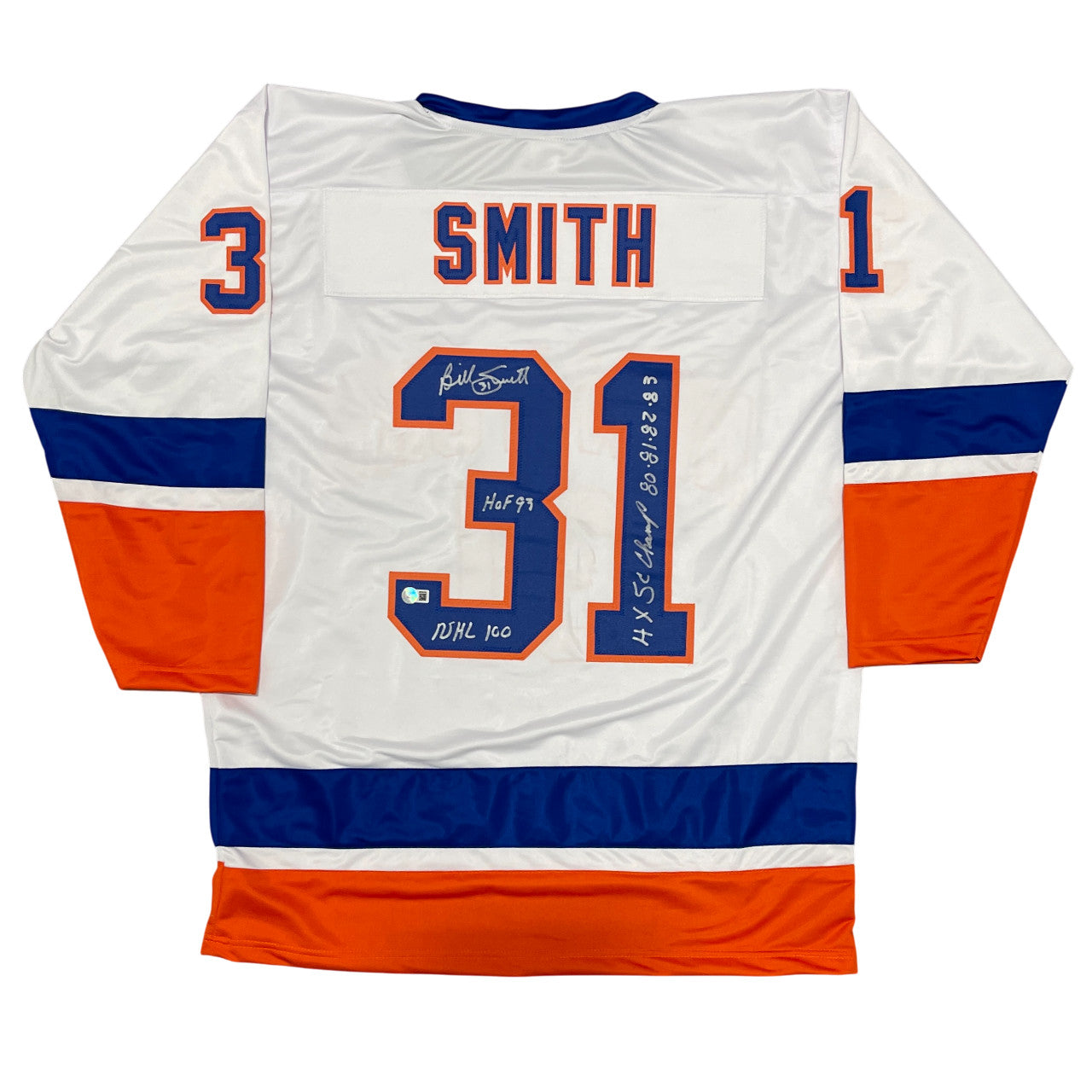 Billy Smith Signed New York Islanders Custom Hockey Jersey (3 Inscriptions)