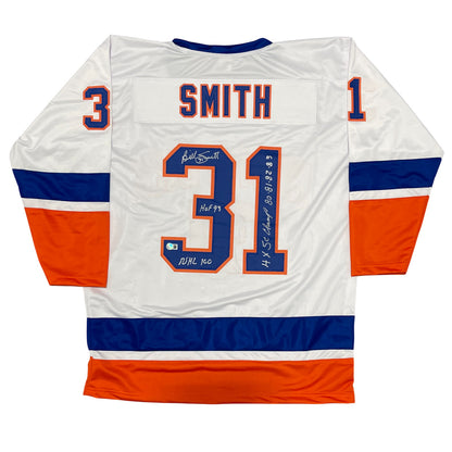 Billy Smith Signed New York Islanders Custom Hockey Jersey (3 Inscriptions)