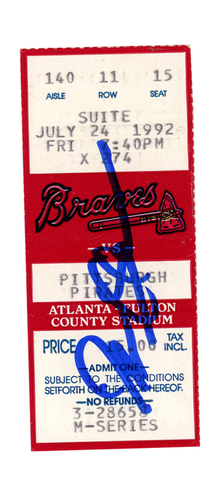 Deion Sanders Signed Atlanta Braves 7/24/1992 Ticket Stub - BAS