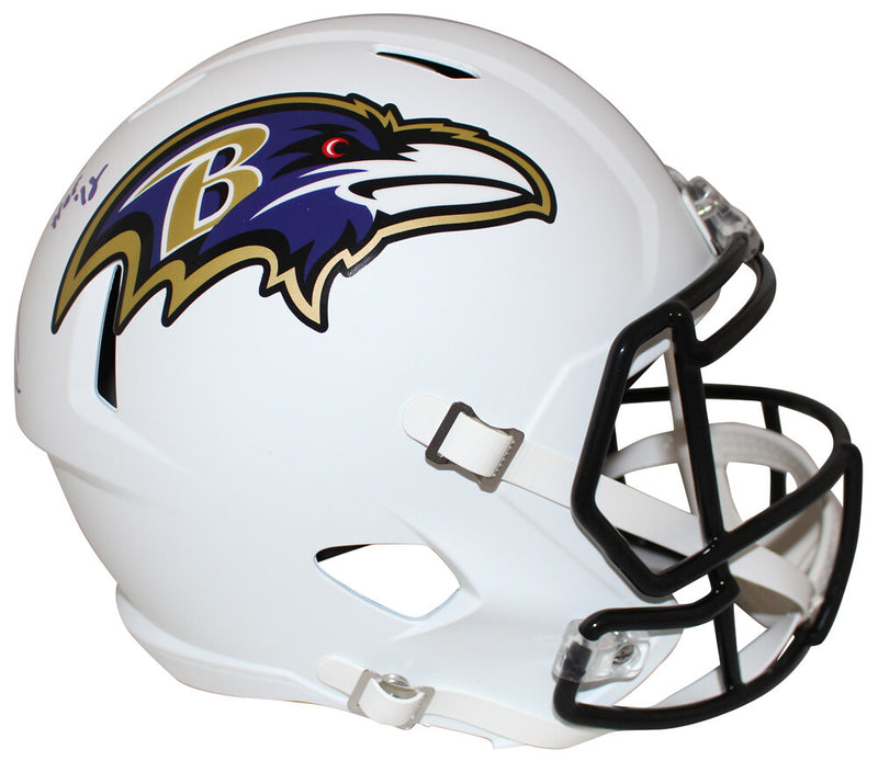 Ray Lewis Signed Baltimore Ravens Full Size Flat White Helmet HOF (BAS)