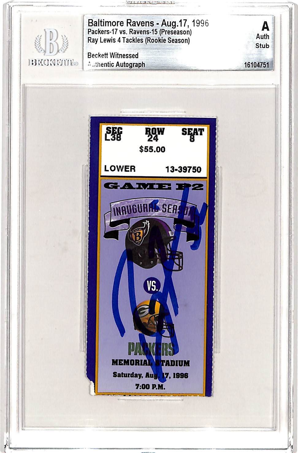 Ray Lewis Signed Baltimore Ravens Ticket Stub - Beckett Slabbed (1996)