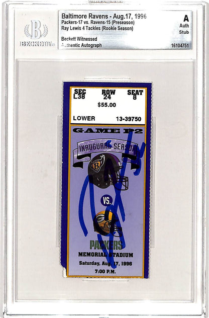 Ray Lewis Signed Baltimore Ravens Ticket Stub - Beckett Slabbed (1996)