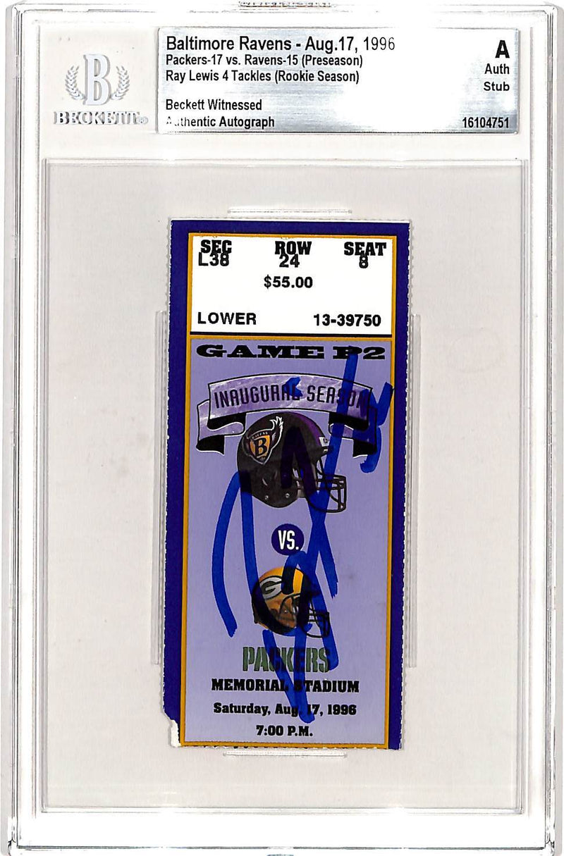 Ray Lewis Signed Baltimore Ravens Ticket Stub - Beckett Slabbed (1996)