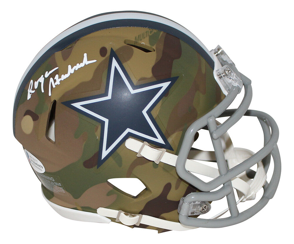 Roger Staubach Dallas Cowboys Autographed Camo Speed Mini Helmet BAS