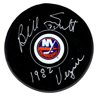 Billy Smith New York Islanders Signed Logo Puck (1982 Vezina Inscription)